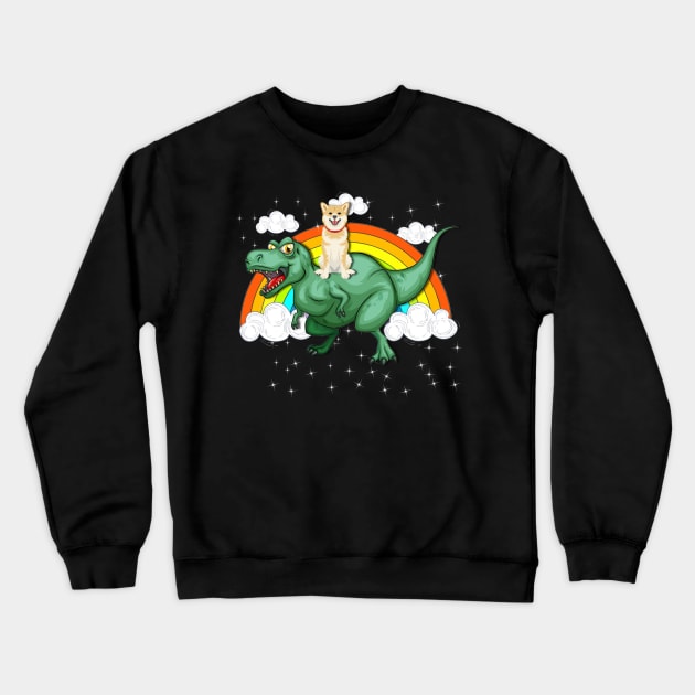 T Rex Dinosaur Riding Shiba Inu Dog Crewneck Sweatshirt by LaurieAndrew